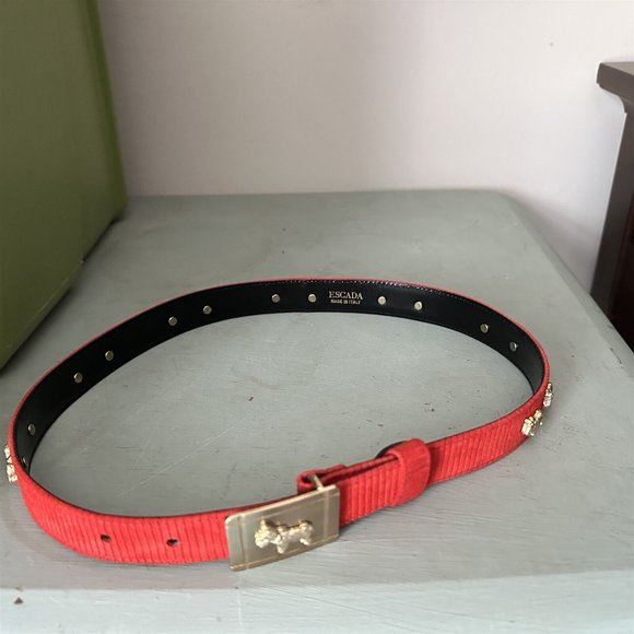 Escada Scottie Dog Belt Red Ribcord Suede Buckle Italy Vintage - Picture 1 of 11